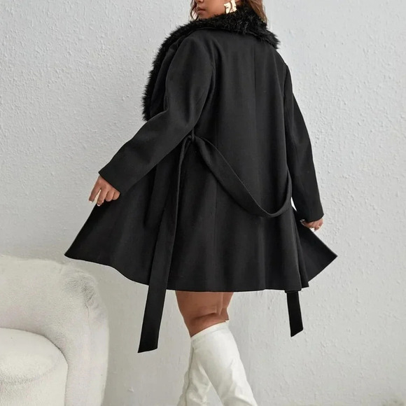 Black Party Women's Plus Borg Collar Belted Overcoat - Picture 3 of 6